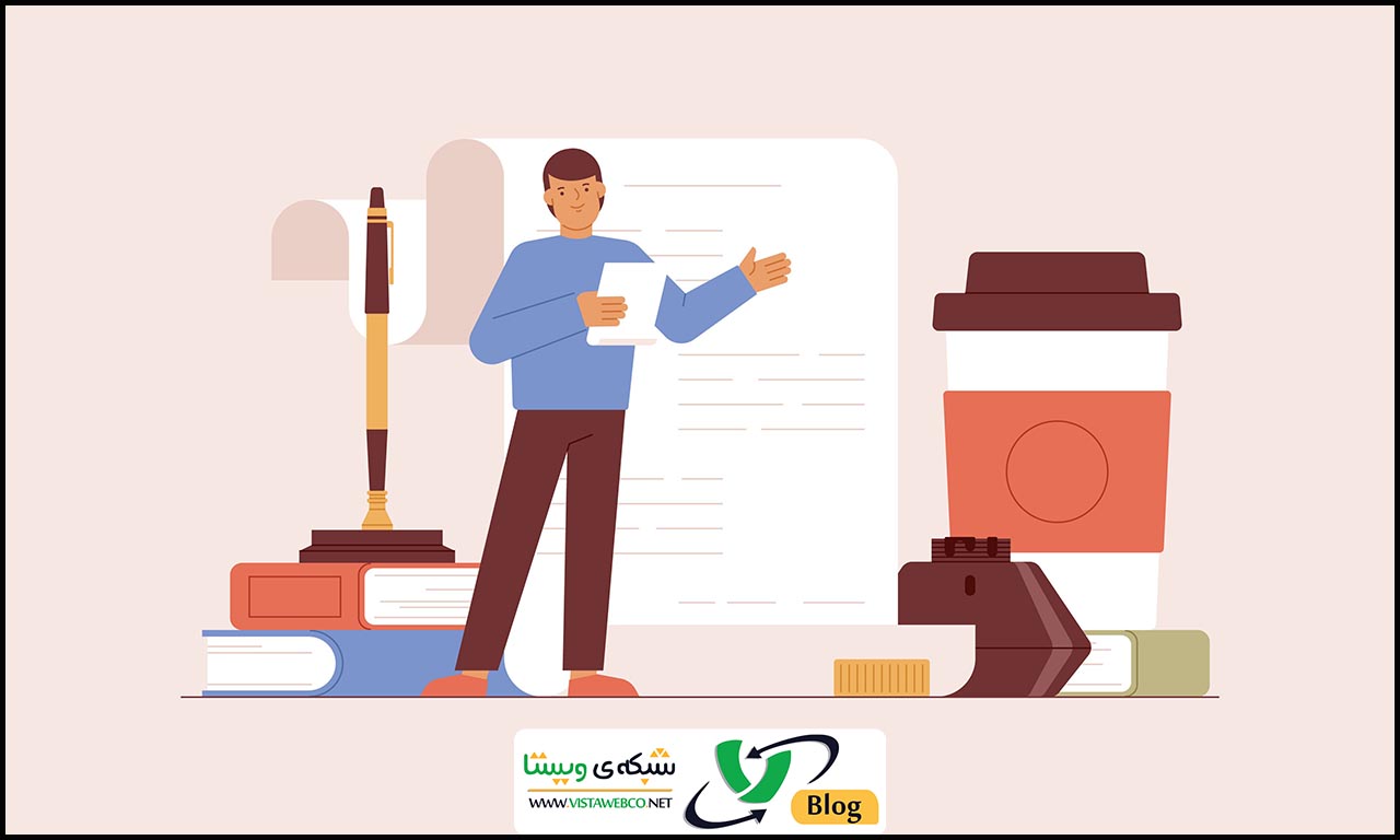 مقاله نویسی | یک ست آپ آماده برای شروع مقاله نویسی و فردی که از روی مقاله خود می‌خواند.